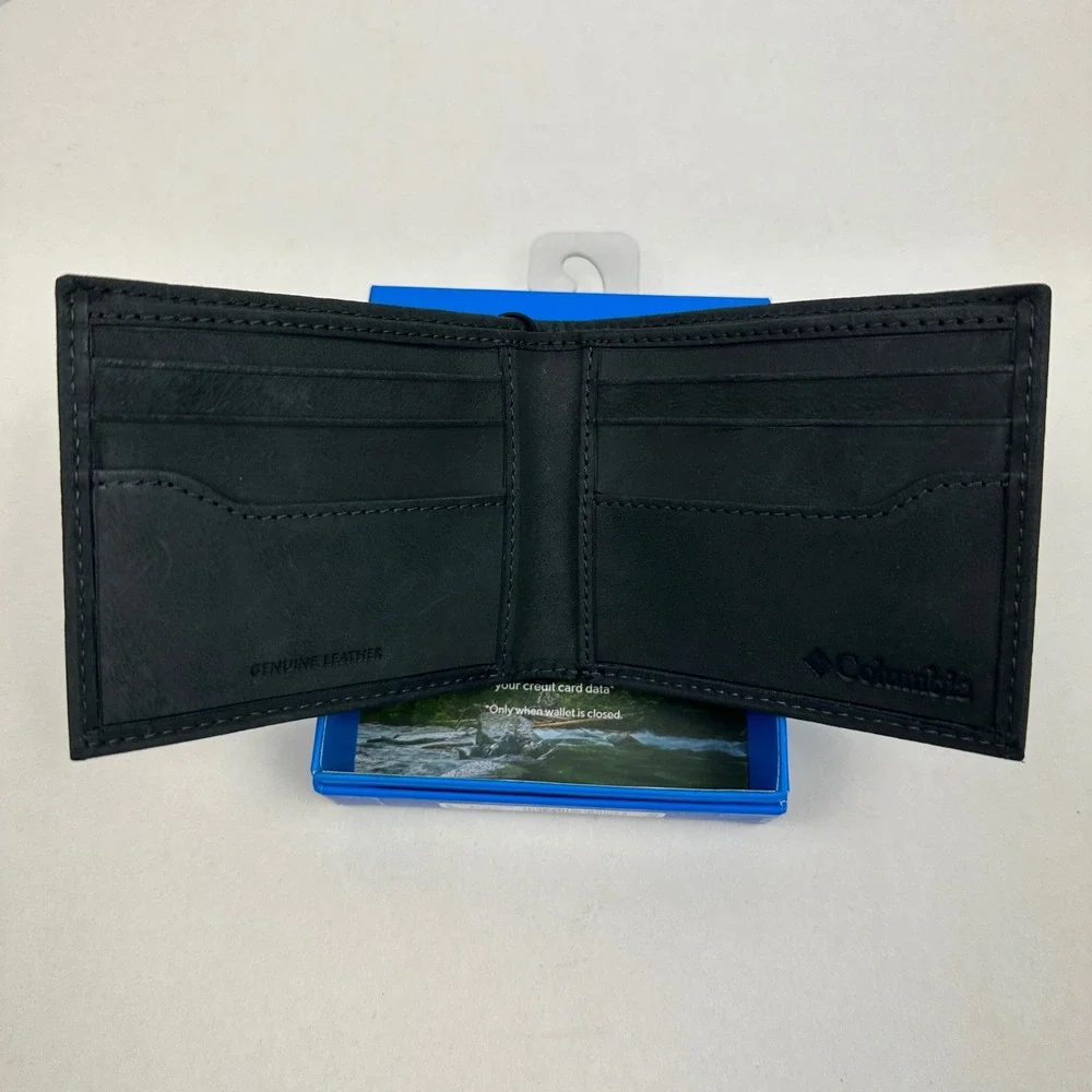 Columbia Mens Black Leather Bifold Wallet RFID Blocking Canvas Inlay Card Holder